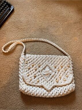 Handmade Cream Crochet Crossbody Bag with Wood Bead Detail